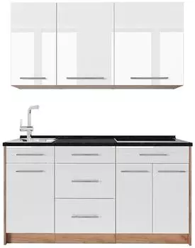 VICCO Fame-Line Singlek&uuml;che wei&szlig; Hochglanz/Goldkraft Eiche 150cm ohne Arbeitsplatte (64798)