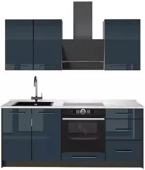 VICCO Fame-Line K&uuml;chenzeile 190cm dunkelblau Hochglanz/anthrazit, Marmorarbeitsplatte (64857)