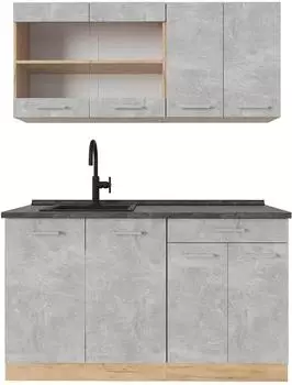 VICCO R-Line K&uuml;chenzeile 140cm, Beton/Goldkraft Eiche, Arbeitsplatte anthrazit (54054)