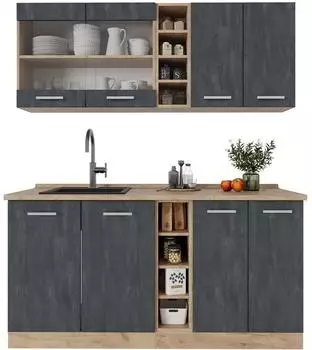 VICCO R-Line K&uuml;chenzeile 160cm Schwarz Beton/Goldkraft Eiche, AP Eiche (47379)
