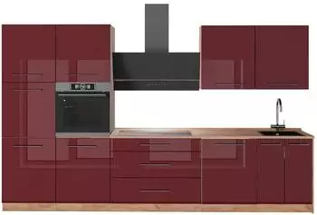 VICCO Fame-Line K&uuml;chenzeile Bordeaux Hochglanz/Goldkraft Eiche 340cm (64605)