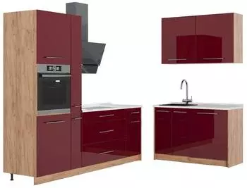 VICCO Fame-Line Winkelk&uuml;che Bordeaux Hochglanz/Goldkraft Eiche 220x120cm (64993)