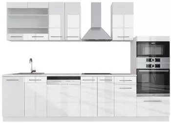 VICCO Fame-Line K&uuml;chenzeile 300cm mit Hochschrank, wei&szlig; Hochglanz/wei&szlig;, AP Marmor (42565)