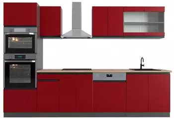 VICCO R-Line K&uuml;chenzeile 300cm mit Hochschrank, rot/anthrazit, Eiche (43192)
