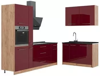 VICCO Fame-Line Winkelk&uuml;che Bordeaux Hochglanz/Goldkraft Eiche 220x120cm (64991)
