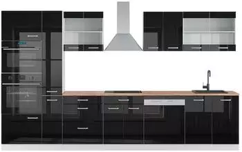 VICCO R-Line K&uuml;chenzeile 350cm mit Hochschrank, schwarz Hochglanz/wei&szlig;, AP Eiche (42765)