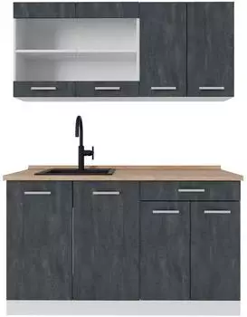 VICCO R-Line K&uuml;chenzeile schwarz Beton/wei&szlig;, 140cm, Arbeitsplatte Eiche (47448)