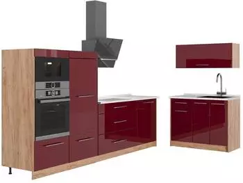 VICCO Fame-Line K&uuml;chenzeile bordeaux Hochglanz/Goldkraft Eiche, 380cm, AP Marmor (64106)