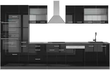 VICCO R-Line K&uuml;chenzeile 350cm mit Hochschrank, schwarz Hochglanz/Anthrazit (49829)