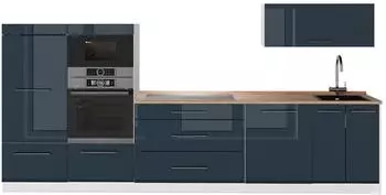 VICCO Fame-Line K&uuml;chenzeile 340cm dunkelblau Hochglanz/wei&szlig;, AP Eiche (64537)