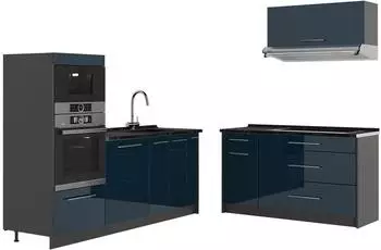 VICCO Fame-Line K&uuml;chenzeile dunkelblau Hochglanz/anthrazit 340cm ohne Arbeitsplatte (63872)