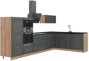 VICCO Fame-Line Eckk&uuml;che gr&uuml;n-gold Landhaus/Goldkraft Eiche, 347x207cm, AP Anthrazit (63605)