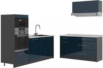 VICCO Fame-Line K&uuml;chenzeile dunkelblau Hochglanz/Anthrazit, 340cm, AP Marmor (63871)