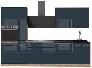 VICCO Fame-Line K&uuml;chenzeile 310cm dunkelblau Hochglanz/Goldkraft Eiche (65743)