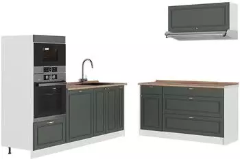 VICCO Fame-Line K&uuml;chenzeile gr&uuml;n-gold Landhaus/wei&szlig; 340cm, Arbeitsplatte Marmor (63931)