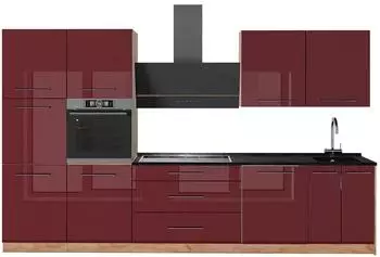 VICCO Fame-Line K&uuml;chenzeile 340cm bordeaux Hochglanz/Goldkraft Eiche, AP Anthrazit (64604)