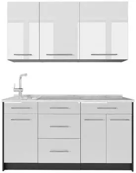 VICCO Fame-Line K&uuml;chenzeile wei&szlig; Hochglanz/anthrazit 150cm Marmor-Arbeitsplatte (64769)