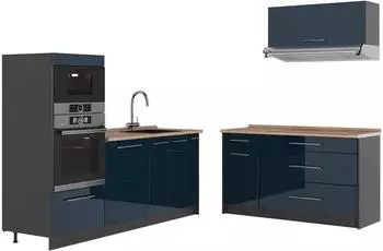 VICCO Fame-Line K&uuml;chenzeile dunkelblau Hochglanz/Anthrazit, 340cm, AP Eiche (63870)