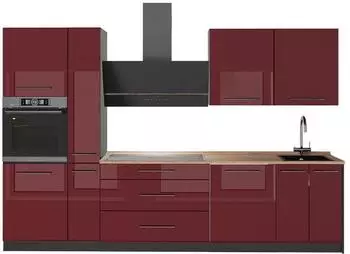 VICCO Fame-Line K&uuml;chenzeile bordeaux Hochglanz/anthrazit, Eiche, 310cm (64273)