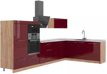 VICCO Fame-Line Eckk&uuml;che Bordeaux Hochglanz/Goldkraft Eiche, 347x207cm (63611)