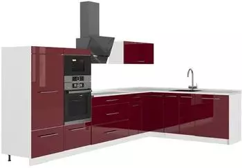 VICCO Fame-Line Eckk&uuml;che bordeaux Hochglanz/wei&szlig;, 347x207cm, ohne Arbeitsplatte (63644)