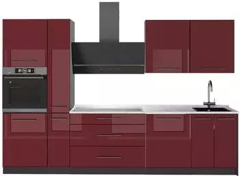 VICCO Fame-Line K&uuml;chenzeile bordeaux Hochglanz/anthrazit, Marmor-AP, 310cm (64274)