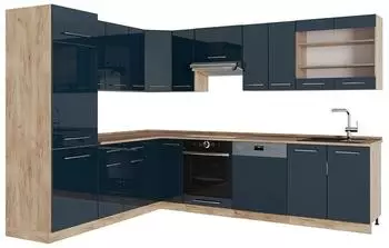 VICCO Fame-Line Eckk&uuml;che Dunkelblau Hochglanz/Eiche 287x227cm (49767)
