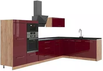 VICCO Fame-Line Eckk&uuml;che Bordeaux Hochglanz/Goldkraft Eiche, 347x207cm (63609)