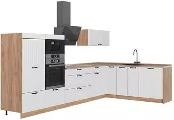 VICCO Fame-Line Eckk&uuml;che wei&szlig; Landhaus/Goldkraft Eiche, 347x207cm (63618)