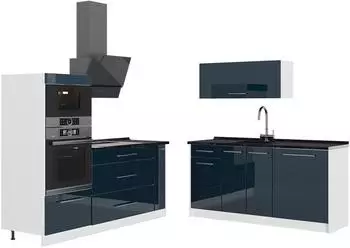 VICCO Fame-Line K&uuml;chenzeile dunkelblau Hochglanz/wei&szlig;, 340cm, AP Anthrazit (63737)