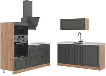VICCO Fame-Line K&uuml;chenzeile gr&uuml;n-gold Landhaus/Goldkraft Eiche, 340cm, AP Marmor (63707)