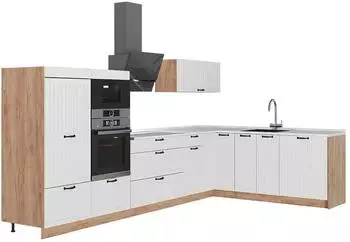 VICCO Fame-Line Eckk&uuml;che Wei&szlig; Landhaus/Goldkraft Eiche, 347x207cm, AP Marmor (63619)