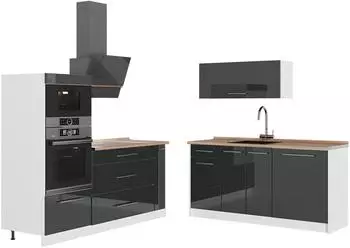 VICCO Fame-Line K&uuml;chenzeile Anthrazit Hochglanz/Wei&szlig;, Eiche, 340cm (63726)