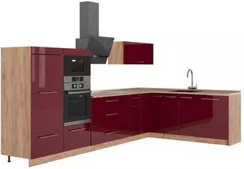 VICCO Fame-Line Eckk&uuml;che Bordeaux Hochglanz/Goldkraft Eiche, 347x207cm (63612)