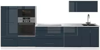 VICCO Fame-Line K&uuml;chenzeile 340cm dunkelblau Hochglanz/wei&szlig;, Arbeitsplatte Marmor (64538)