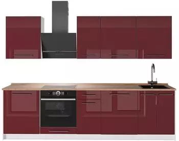 VICCO Fame-Line K&uuml;chenzeile bordeaux Hochglanz/wei&szlig;, 280cm, AP Eiche (64237)