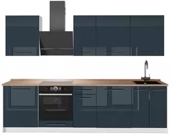 VICCO Fame-Line K&uuml;chenzeile 280cm, dunkelblau Hochglanz/wei&szlig;, AP Eiche (64234)
