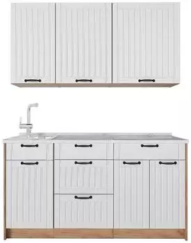 VICCO Fame-Line K&uuml;chenzeile 150cm, wei&szlig; Landhaus/Goldkraft Eiche, Arbeitsplatte Marmor (64801)