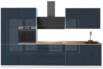 VICCO Fame-Line K&uuml;chenzeile dunkelblau Hochglanz/wei&szlig;, 340cm, AP Eiche (64633)