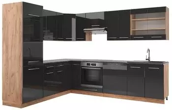 VICCO Fame-Line Eckk&uuml;che 287x227cm, Anthrazit Hochglanz/Goldkraft Eiche (42469)