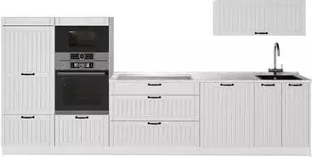 VICCO Fame-Line K&uuml;chenzeile wei&szlig; Landhaus/wei&szlig;, 340cm, Arbeitsplatte Marmor (64547)