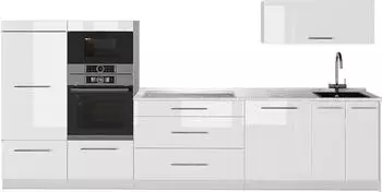 VICCO Fame-Line K&uuml;chenzeile wei&szlig; Hochglanz/wei&szlig;, 340cm, Arbeitsplatte Marmor (64544)