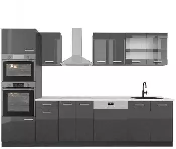 VICCO R-Line K&uuml;chenzeile 300cm mit Hochschrank, anthrazit hochglanz, Arbeitsplatte Marmor