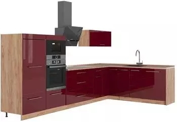 VICCO Fame-Line Eckk&uuml;che Bordeaux Hochglanz/Goldkraft Eiche, 347x207cm (63610)