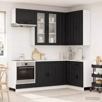 vidaXL K&uuml;cheneinheit Porto 8-teilig, schwarz, Holzwerkstoff (3438498)