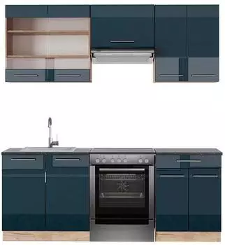 VICCO Fame-Line K&uuml;chenzeile 200cm dunkelblau Hochglanz/Eiche mit Arbeitsplatte (49781)