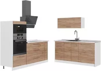VICCO Fame-line K&uuml;chenzeile Goldkraft Eiche, Marmor-Arbeitsplatte, 340cm (62928)