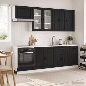 vidaXL K&uuml;cheneinheit Porto 8-teilig, schwarz, Holzwerkstoff (3438174)