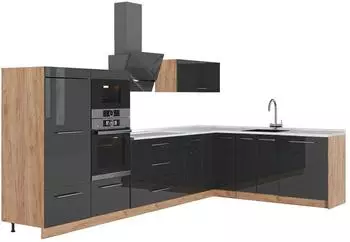 VICCO Fame-Line Eckk&uuml;che dunkelgrau/Goldkraft Eiche, Arbeitsplatte Marmor, 347x207cm (63599)