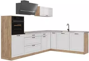 VICCO R-Line Eckk&uuml;che wei&szlig; Landhaus/Goldkraft Eiche, Arbeitsplatte Marmor (40233)